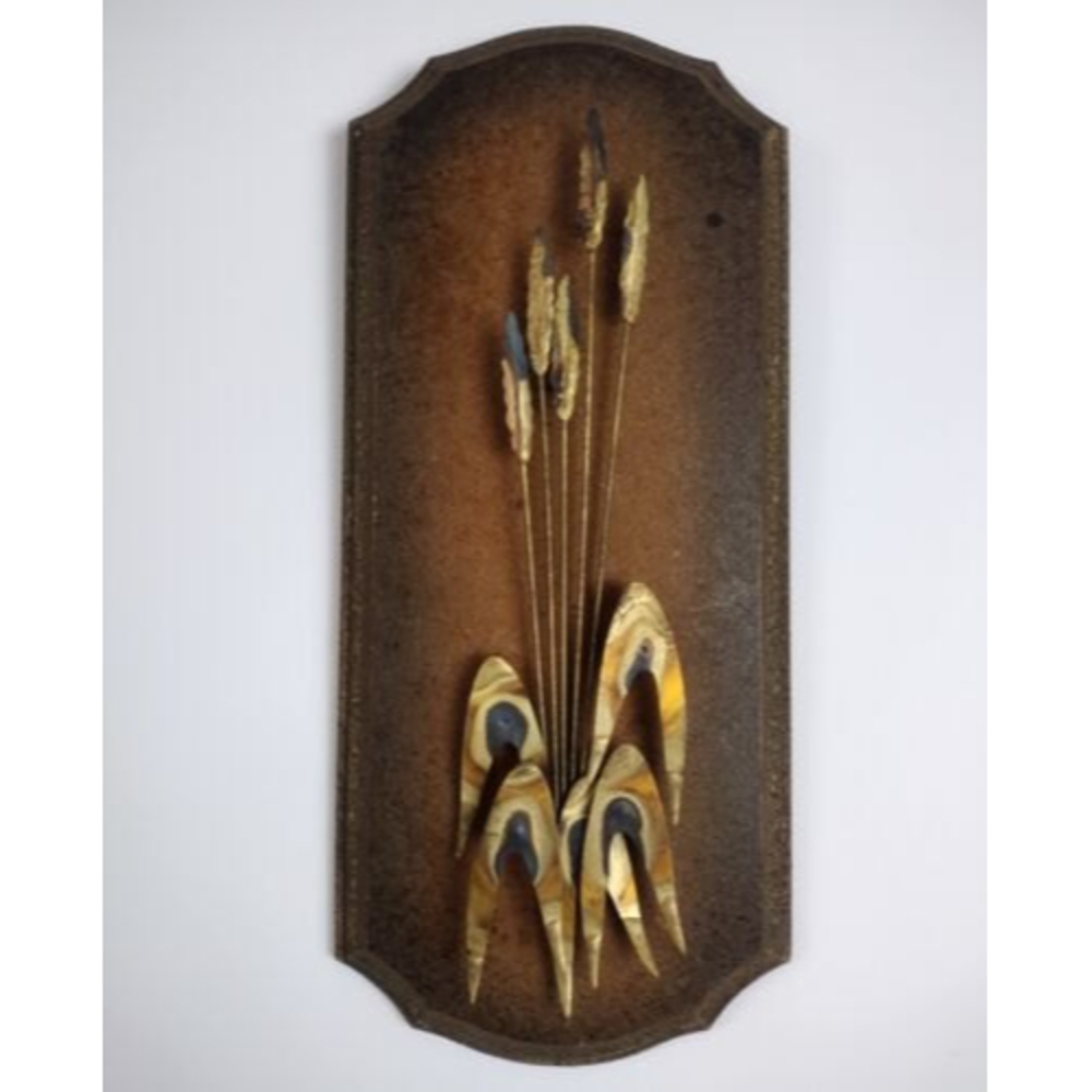 VINTAGE‎ MCM Copper Brass Cattails And Reeds On Cork Plaque